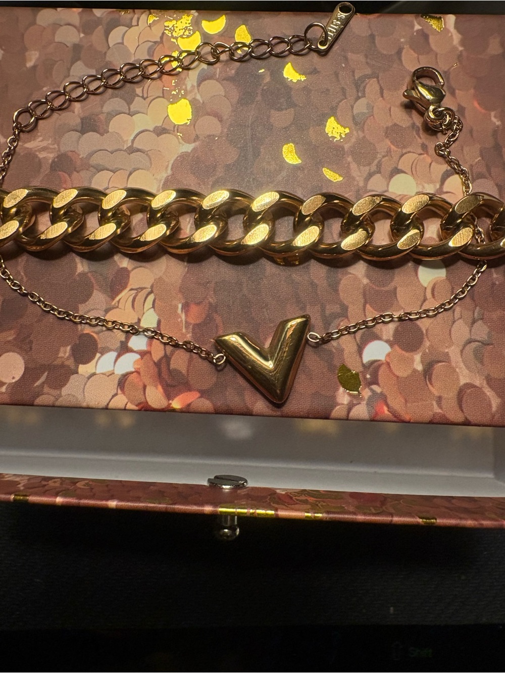 1 gold chain and 1 Gold V-Link Chain Bracelet - stack bracelet set of 2
